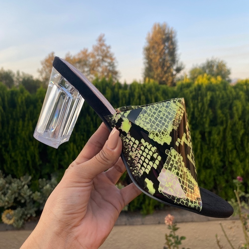 Hot Neon Green Lucite Snake Print High Heel Mules